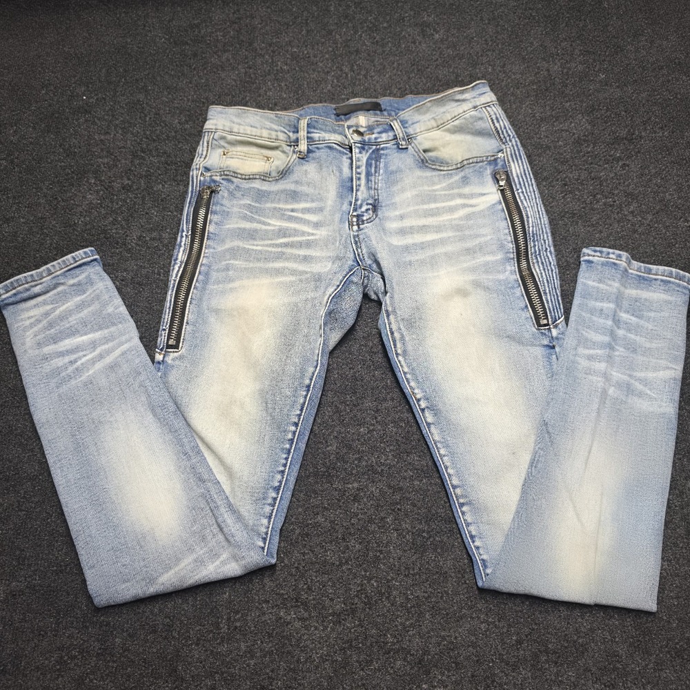AMIRI Light Blue Slim Fit Stretch Denim Jeans with Side Zipper Accents